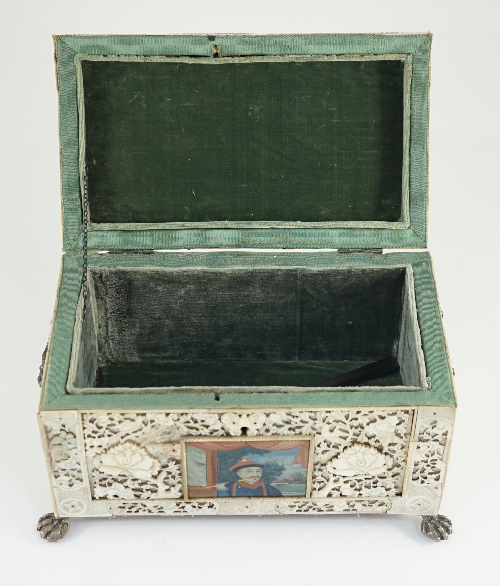 A rare Chinese export mother-of-pearl and reverse painted glass mounted casket, late 18th century, 27.5cm wide at feet, 15.5cm high, some damage